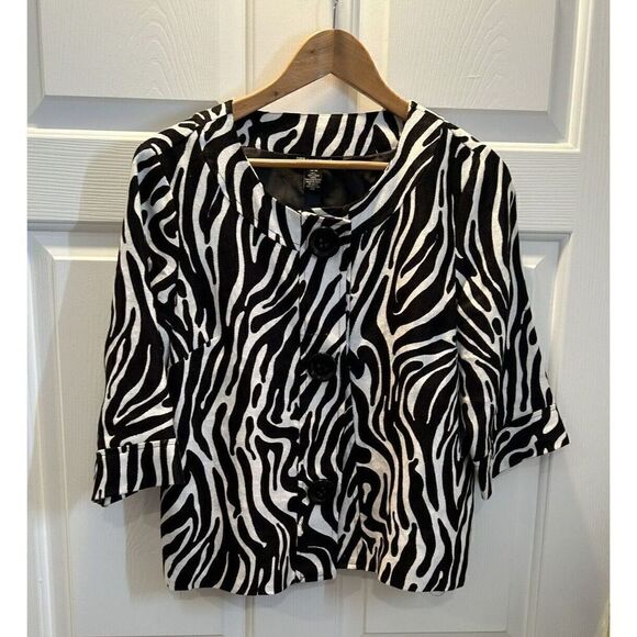CAROLE LITTLE 100% Linen Jacket Womens Medium Blazer Zebra Print Black White - Picture 1 of 4
